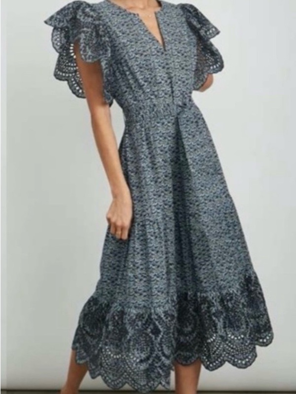 Rails Navy Eyelet Flutter-Sleeve Midi Dress  Gia Midnight Dahlia